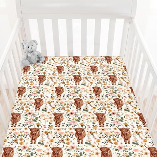 Image of HawSkgFub Highland Cow Floral Boho Fitted Standard Crib Sheet for Baby Girl, Retro Western Farm Animal Yak Flower Toddler Mattress Cover, Soft Stretchy Nursery Bed Sheets Decor Kids Gift 52" x 28"