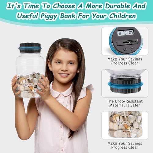 Piggy Bank for Adults, 1.8L Coin Jar with LCD Display and Large Capacity, Counting Piggy Bank Designed for All Us Coins, Coin Bank Suitable for Children Adults Boys Girls as Christmas, Birthday Gifts