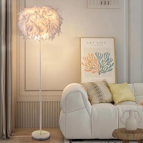ELINKUME Lampadaire à ressort, simple et moderne, 150 cm, plumes blanches, pour chambre à coucher, salon, salle à manger et bureau (lampe non incluse)