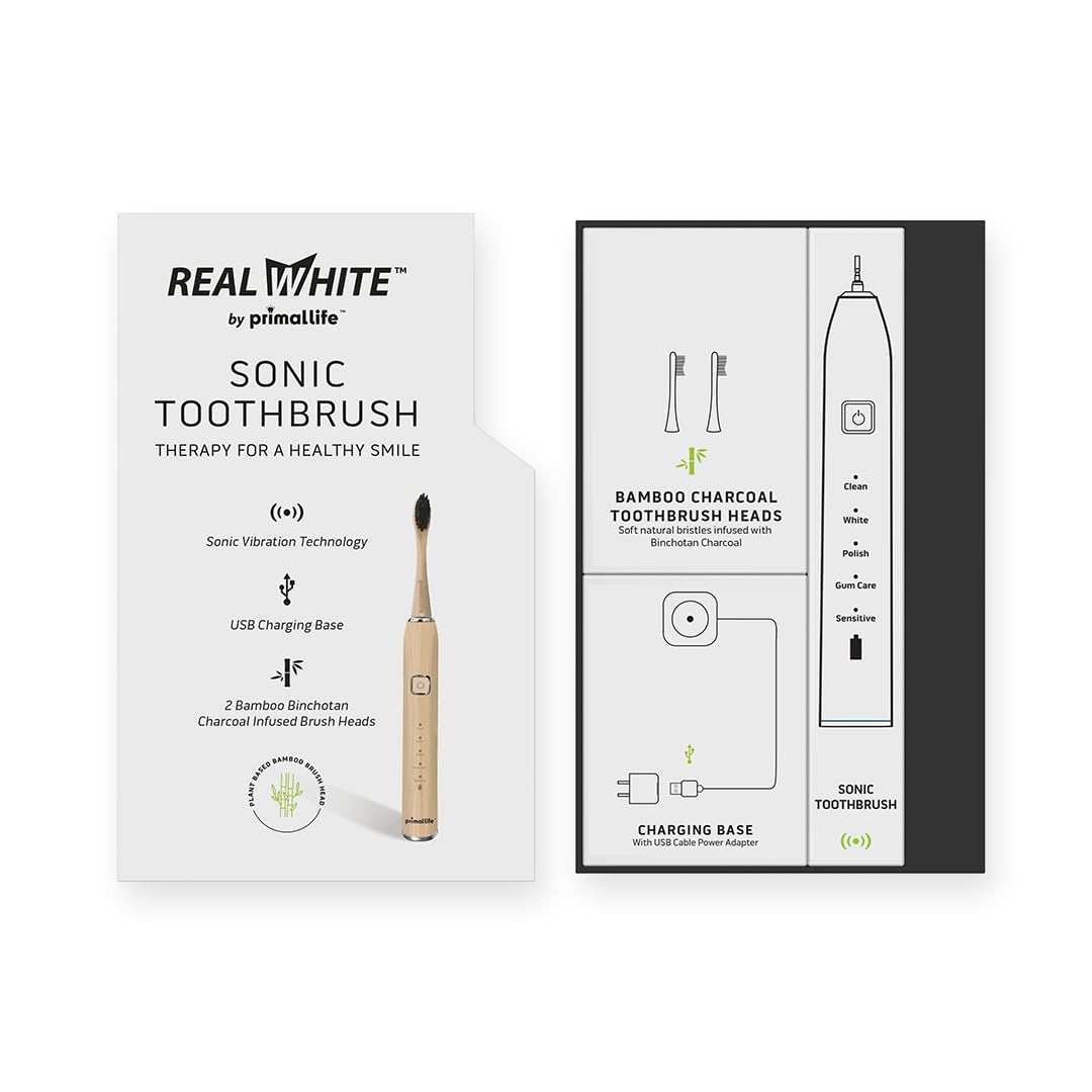 Primal Life Organics - Nuovo vero spazzolino da denti Sonic Vibration bianco, pennello infuso al carbone di bambù, ecologico, non OGM