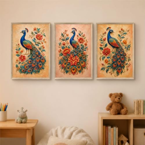 Image of Livin'luxe Set of 3 Peacock Floral Wall Paintings for Living Room Bedroom Home Decor with Premium Wooden Color Synthetic Frame, Ethnic Art (13.5 x 19.5 Inch) NM03-66
