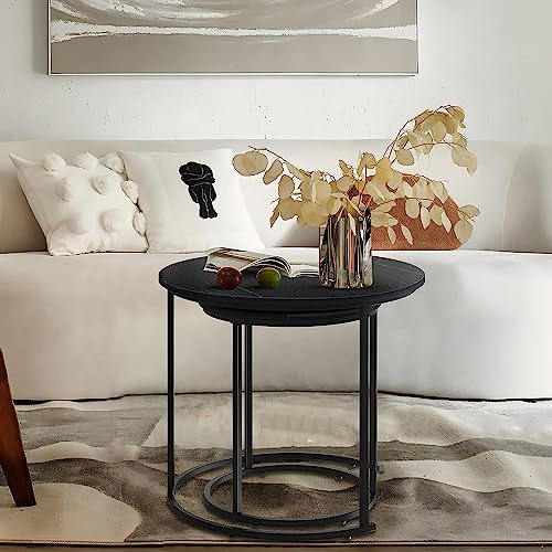 Image of Coffee Tables for Living Room - Small Round Coffee Table Set of 2, Center Table with Solid Wood Table Top and Sturdy Metal Frame, Nesting Tables for Small Spaces -Black