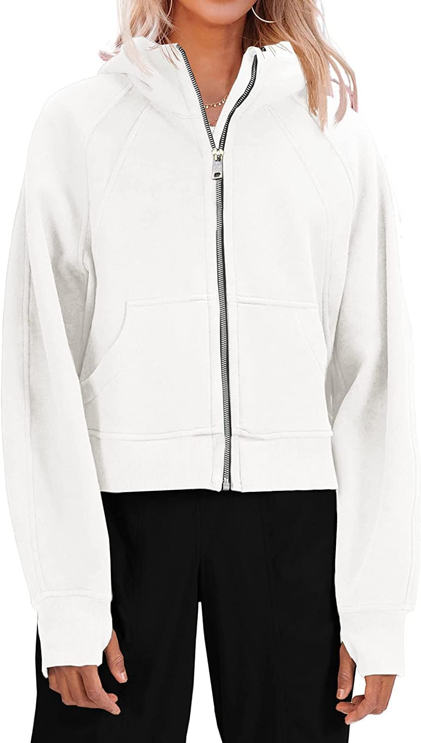 EbifinWomens Zip Up Hoodie Sweatshirts Plain Oversized Cropped Hooded Zipper Fleece Lined Sport Jacket.