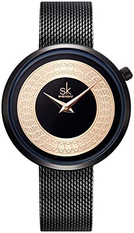 Women Watch Fashion Quartz Mesh Wristwatch Gifts Luxury Waterproof Stainless Steel Band Analog Watches (0094 Black)