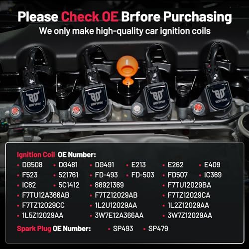Image of BDFHYK Ignition Coil Pack DG508 and Iridium Spark Plug SP493 SP479 Compatible with Ford F150 F250 1997-2010 Ford Explorer Crown Victoria 2003 2004 Ford Expedition Mustang Ford Coil Pack 5.4L Set of 8