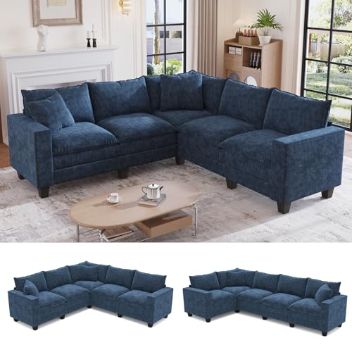 Image of 97 inch L Shaped Sectional Couch, Comfy Chenille Cloud Couch, 5 Seat Modular Cloud Sofa with 2 Pillows & Storage Armrests, Convertible V Shaped Corner Couch, Sectional Couches for Living Room, Blue