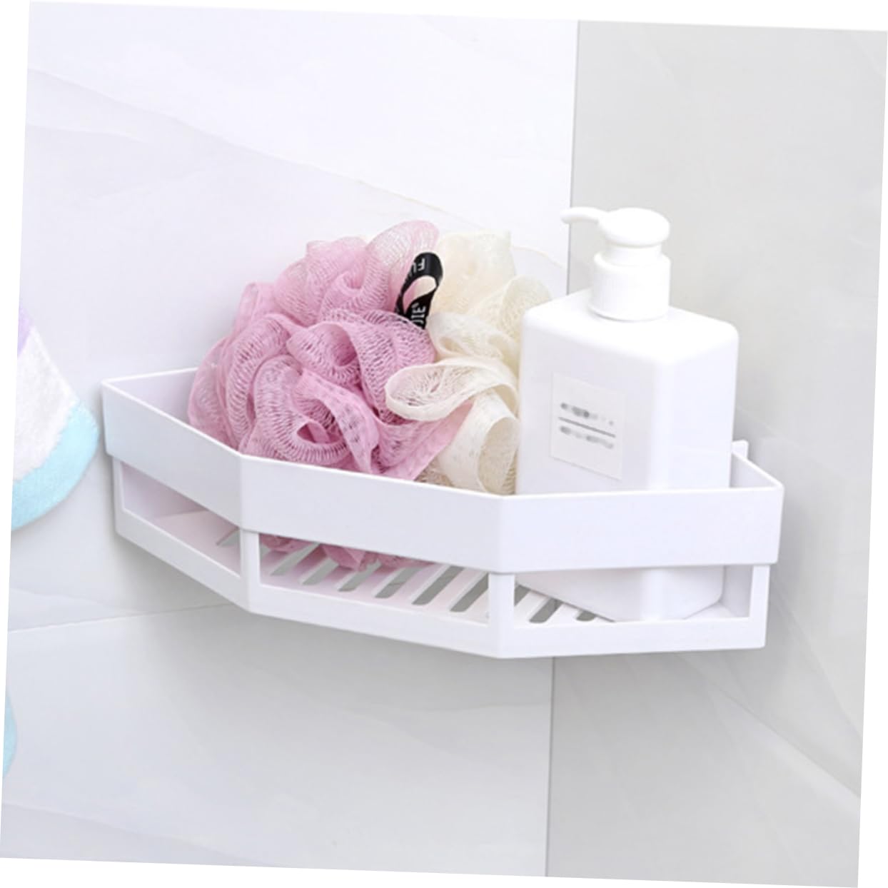 2 estantes adhesivos para esquina de baño, estante triangular montado en la pared para almacenamiento de ducha, organizador de baño de plástico blanco, 7.48 x 7.48 x 5.11 pulgadas 8
