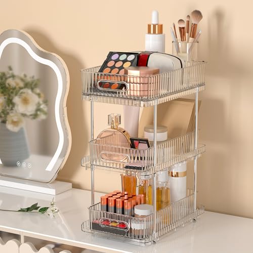 Fowooyeen Bathroom Vanity Countertop Organizer: 3-Tier Makeup and Skincare Holder with Movable Dividers, Pull-Out Dresser Organizer Top, Clear