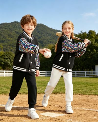 Image of Cromoncent Kids Varsity Baseball Jacket Colorblock Bomber Coat Unisex Boys Girls School Outwear, 18 Months - 14 Years