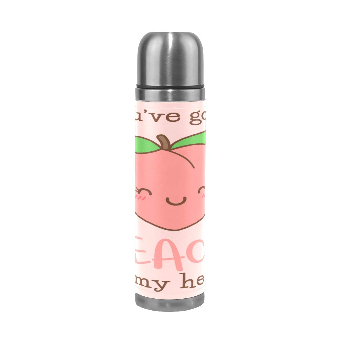Taza de viaje aislada al vacío de acero inoxidable con doble pared a prueba de fugas, botellas de taza con diseño de melocotón con estampado personalizado impreso en piel auténtica, 500 ml