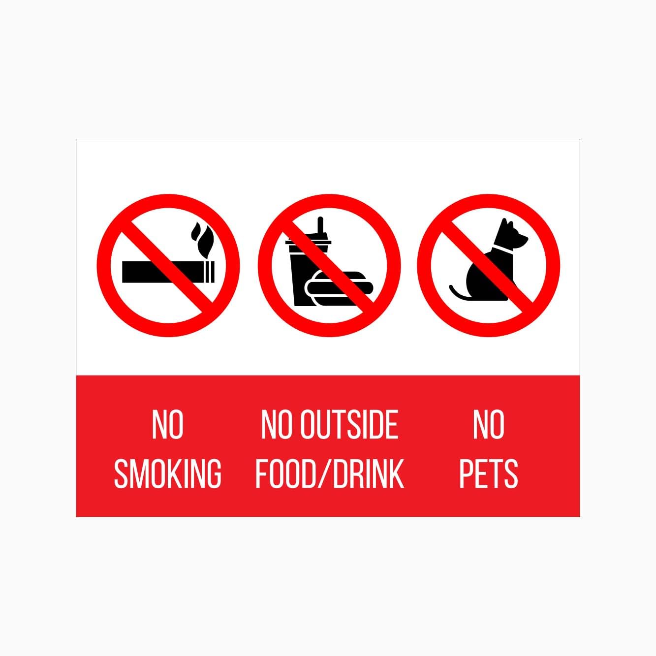 NO SMOKING, NO OUTSIDE FOOD/DRINK, NO PETS Sign, 12x8 Inch Metal Tin Sign, Combined Rules Plaque for Public and Working Areas