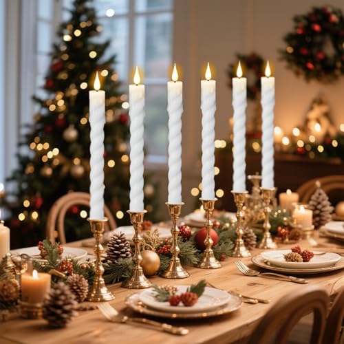 Image of Flickering Flameless Taper Candles with Remote and Timer, 2 Pack Battery Operated LED Taper Candles 3D Wick Plastic Dripping Effect Dinner Wedding Holiday Decor(White, 0.78 inch D x 9.65 inch H)