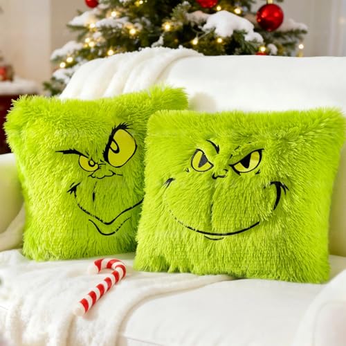 eowvsio 2PCS Chrismas Pillow Covers 18x18 inch,Green Xmas Throw Pillow Cases,Chrismas Decor Soft Plush Faux Fur Wool Couch Cushion Case for Chair Sofa Bedroom Living Room