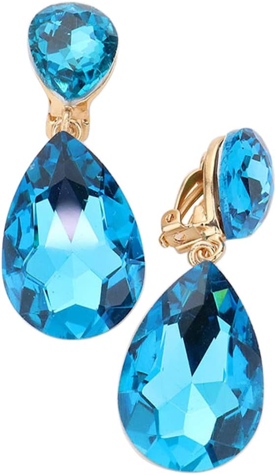 Rosemarie & Jubalee Women's Double Teardrop Statement Glass Crystal Rhinestone Dangle Clip On Bridal Earrings, 2"