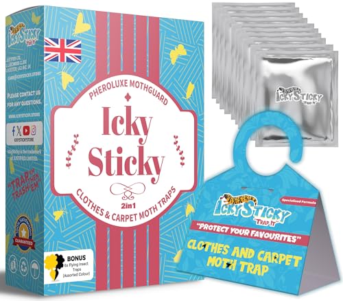 Icky Sticky Pheroluxe Moth Killer - 10 Premium Pheromone Moth Traps for Common Clothes, Carpet and Similar Moths with (6 Fruit Fly and Fungus Gnat Traps) | Non-Toxic for Wardrobes, Fabrics & Carpet |