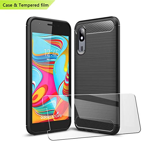 LJSM para Samsung Galaxy A2 Core Funda Negro Fibra de Carbono + Protector de Pantalla Templado Film - Carcasa TPU Suave Caso Carbon Fiber Case para Samsung Galaxy A2 Core (5.0')