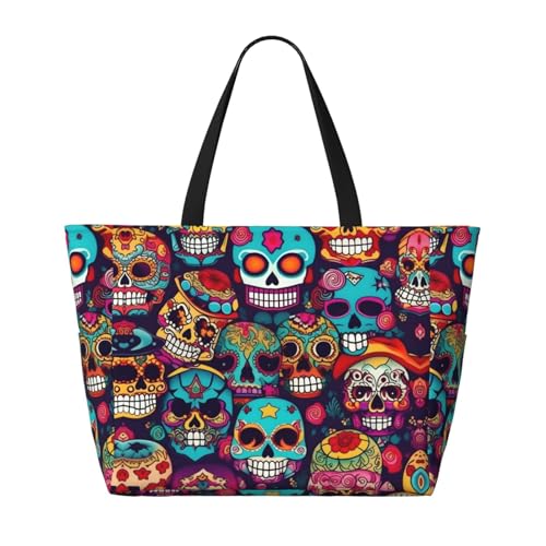 Sugar Skulls Print Large Capacity Beach Travel Bag â€“ Foldable with Multiple Pockets for Family Vacation, and Camping2
