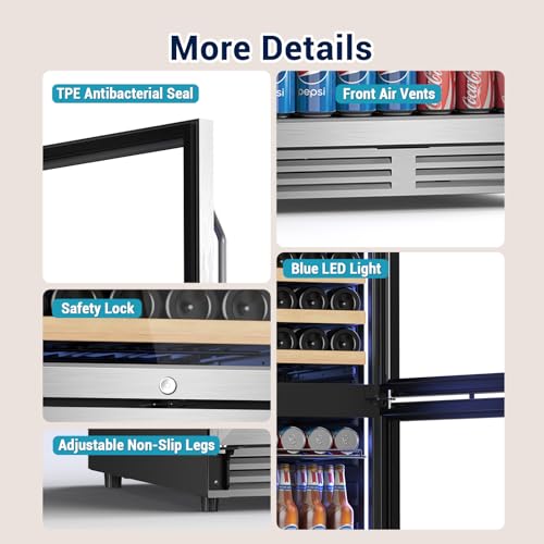 Image of Tylza 24'' Wine and Beverage Refrigerator, Dual Zone Wine Fridge with 190 Cans and 90 Bottles, Upgraded Compressor, Low-E Tempered Glass, Safety Lock, 2 In 1 Beverage Fridge for Home or Commercial