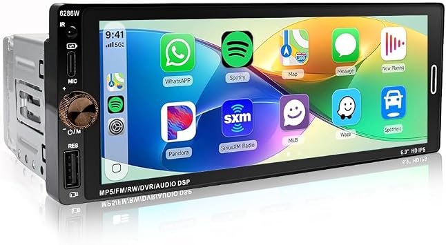 Single Din Car Stereo with Wireless CarPlay/Android Auto/Mirror Link, 6.9 Inch 1 Din HD Touchscreen Radio with WiFi Bluetooth GPS FM RDS SWC EQ USB Type-C Backup Camera Mic