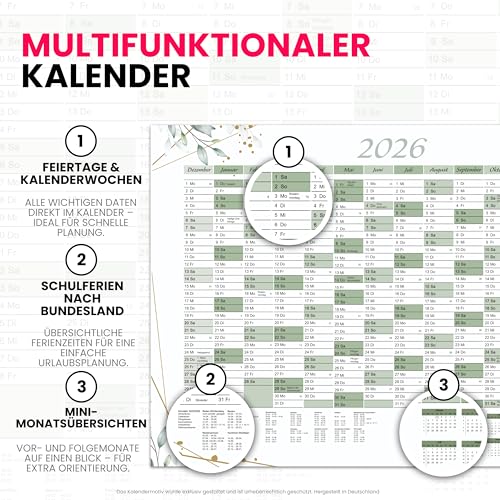 XXL Jahreskalender 2026 und Januar 2027 Jahresplaner in A1 im schönen Eukalyptus Blätter Design mit Ferien und Feiertagen Wandkalender Wandplaner Kalender Planer gefaltet gefalzt