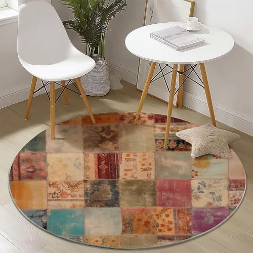 Tapis rond rétro géométrique flanelle multicolore doux lavable 100cm