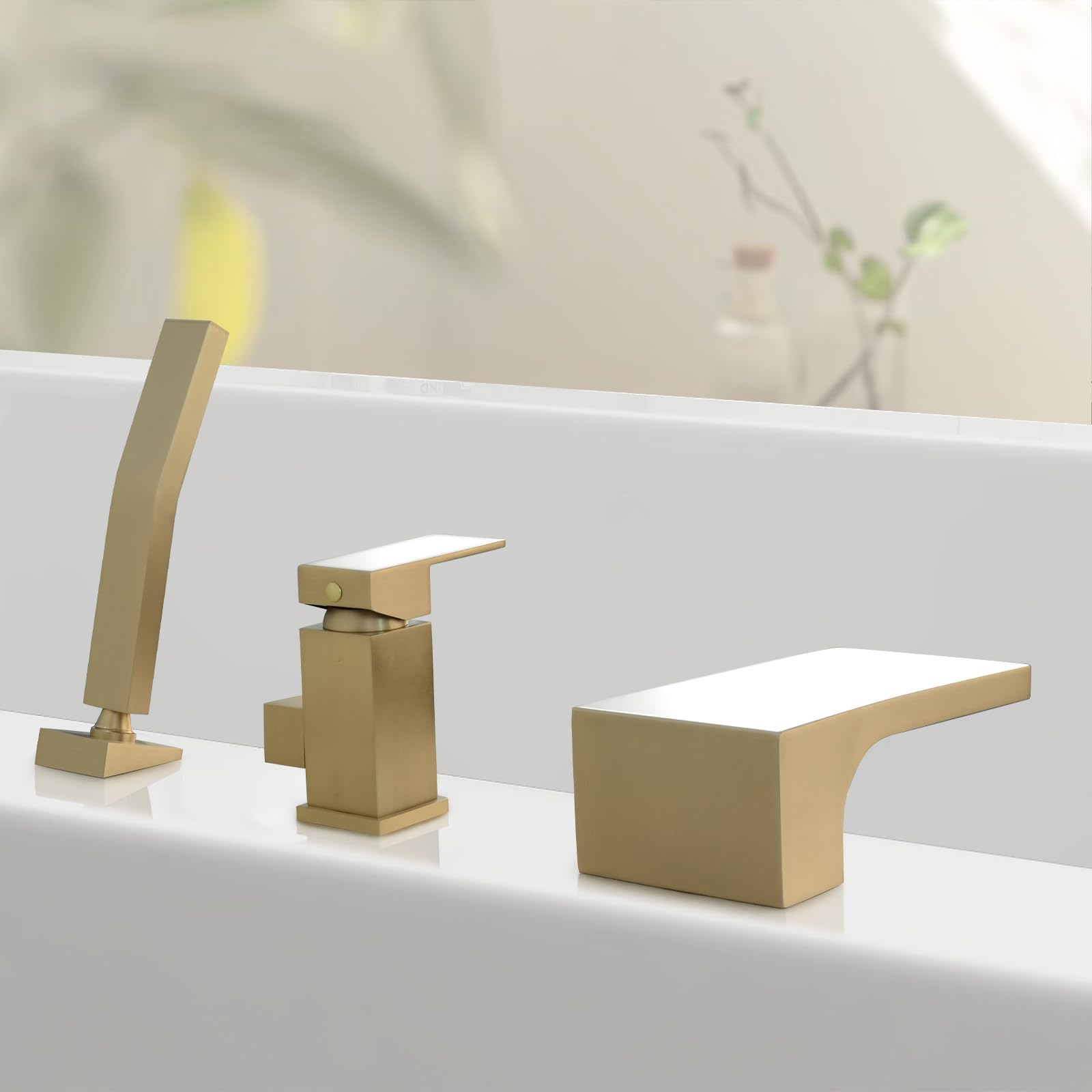 Robinet Baignoire 3 Trous, Mitigeur avec Douchette 3 Trous, Robinetterie de Baignoire Cascade, Or Brossé, 6Y4OK