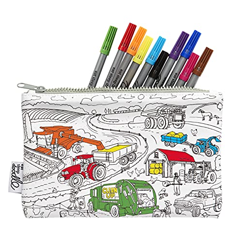 Image of eatsleepdoodle DIY Coloring Cars & Tracktors Pencil Case for Kids with 10pcs Washable Markers, Reusable Art Supply Organizer, Fun Arts & Crafts Activity for Boys & Girls, Creative Gift Idea for Ages