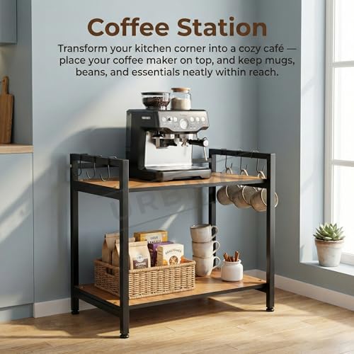 Image of Microwave Stand for Kitchen Platform 2 Tier Oven Stand with Storage Cabinet Engineered Wood Shelf 6 Hooks Black Metal Frame Oven Stand OTG Rack