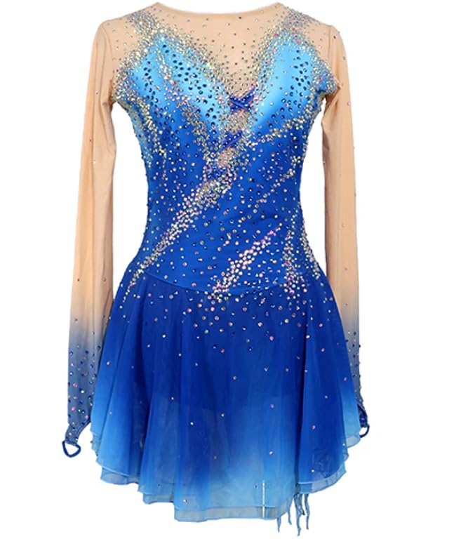 Artskating Figure Skating Dress Girls Blue+Light Blue Patchwork Asymmetric Hem Mesh Spandex Skating Performance Competition Wear Costume Size 12