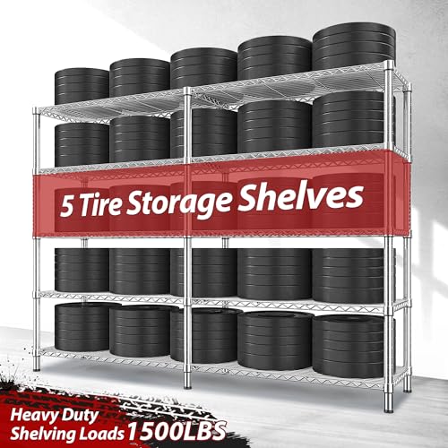 Image of REIBII 1500LBS Storage Shelves 61.7''W Wire Shelving Unit 5 Tier Metal Shelving for Storage Rack Shelves Heavy Duty Garage Shelf Pantry Shelves Kitchen Shelving, 61.7 inch W*72.4 inch H*15.8 inch D, Chrome