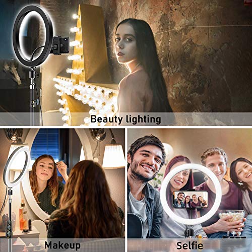 GPEESTRAC 10” Selfie Ring Light with Tripod Stand & 2 Phone Holders & Bluetooth Remote, LED Beauty Camera Ringlight for Photography Makeup Live Steam YouTube Video, Compatible with iPhone & Android