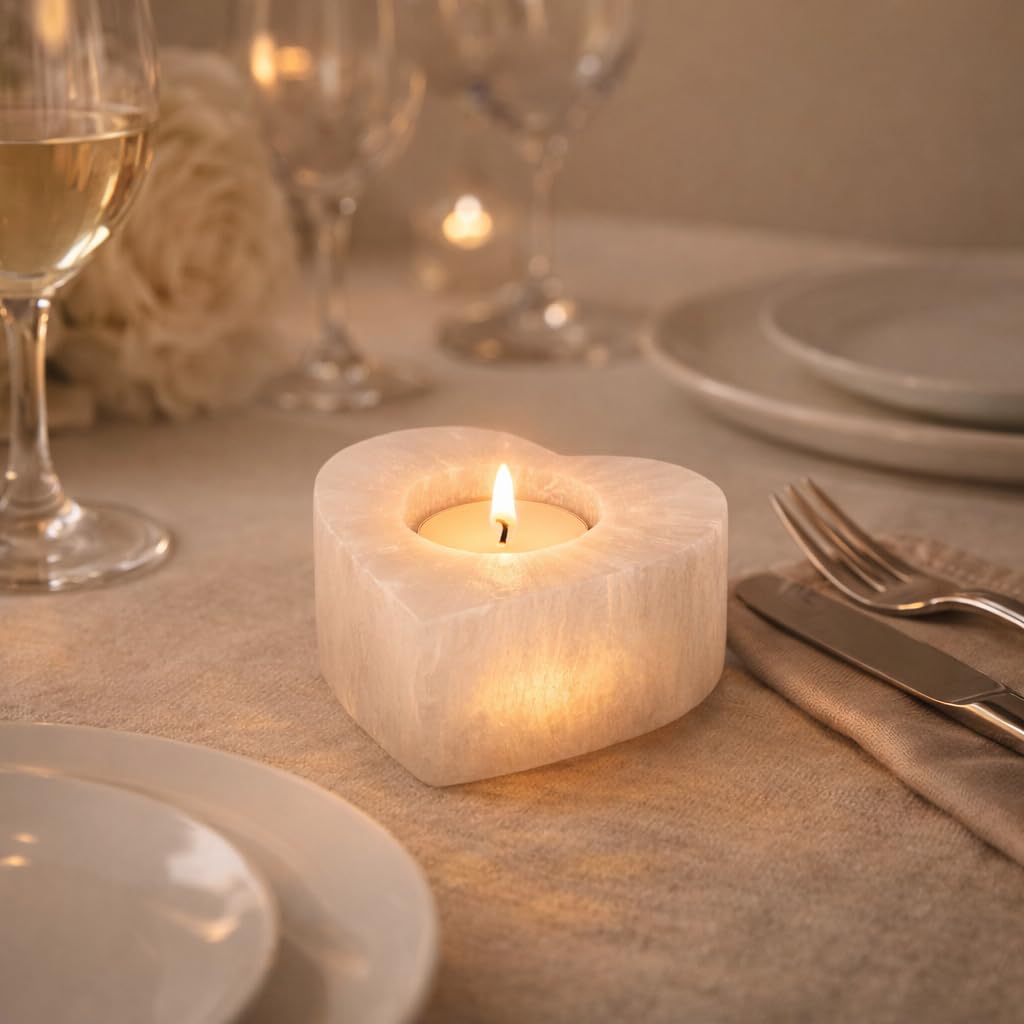 NKlaus Selenite 16329 - Portacandele a forma di cuore, 8,5 x 8,5 x 4,5 cm, a forma di cuore, per lumini e meditazione, decorazione naturale per spazi spirituali