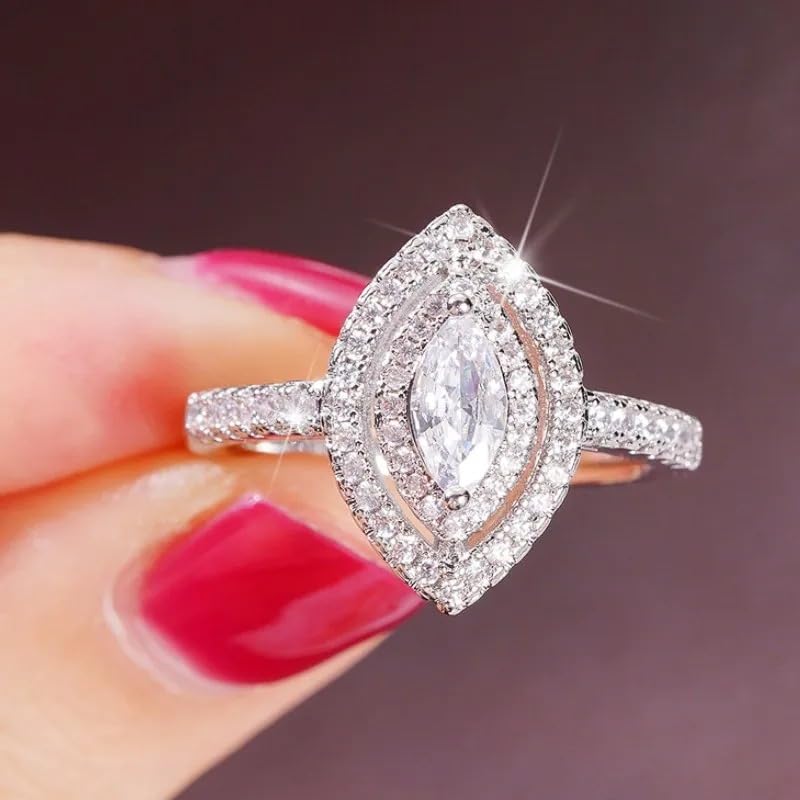 Delicate Marquise Cut Halo Ring for Women Cubic Zirconia Wedding Band CZ Promise Anniversary Art Deco Simulated Diamond Ring Engagement Moissanite Statement Bridal Eternal Promise Ring Size 82