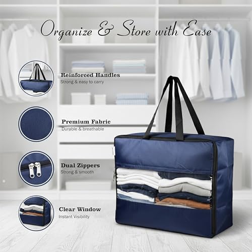 Image of CRASOME Pack of 2 Storage Bags for Clothes | Storage Bag for Saree Covers, Clothes, Lehenga, Bedsheets, Toys, Docs | Transparent Window Storage Box Bag - (STB-FT-BLU-PACK-2)