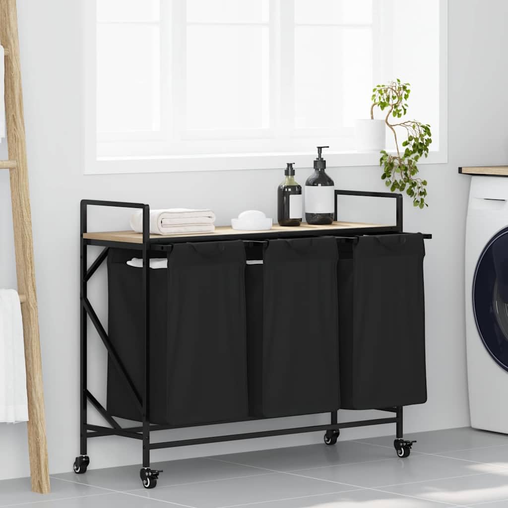Panier à linge 3 compartiments avec roulettes et étagère