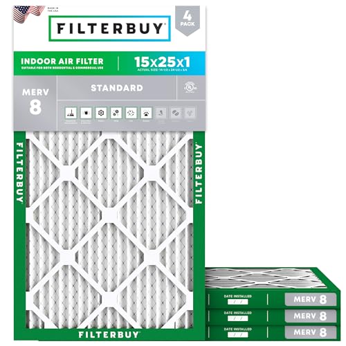 Filterbuy 15x25x1 Air Filter MERV 8 Essential Dust & Allergy Defense (4-Pack) Electrostatic Pleated HVAC AC Furnace Filters Replacement Made in USA (Actual Size: 14.50 x 24.50 x 0.75)
