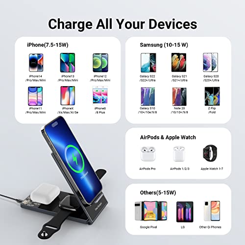 15W Fast Foldable Magnetic Wireless Charger, 3 In 1 Wireless Charging Station For Travel, Cool Gadget Wireless Charging Station For Multiple Devices, Charger Station For Iphone, Apple Watch, Airpods #TOP5