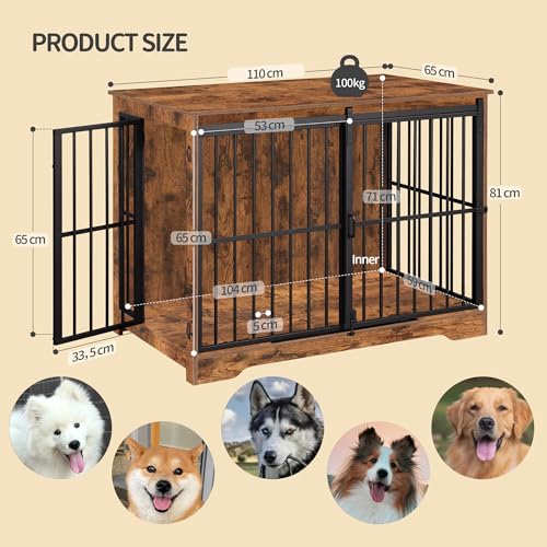 Hzuaneri Hundekäfig Möbel, 110cm Hundebox, 2 Türen, Moderne Hundekäfig Indoor für kleine/mittlere/große Hunde bis 100 kg, Beistelltisch, Verstärkte Schiebetür, 65 × 110 × 81 cm, Vintagebraun DFC84401B