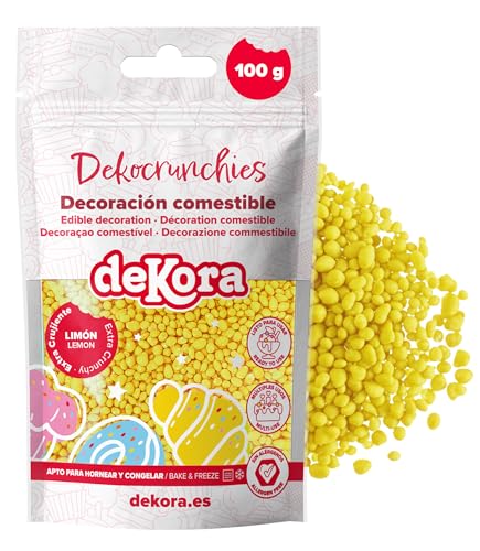 dekora – Dekocrunchies Limón 100g, Sprinkles de azúcar crujientes y con sabor intenso, Topping repostería, perlas comestibles para decoración de tartas, galletas, cupcakes y helados