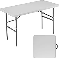 Simple Deluxe 4FT Foldable Heavy Duty Table - Portable HDPE Plastic Top, Steel Legs, Built-in Handle for Camping, Parties, Indoor/Outdoor (White)