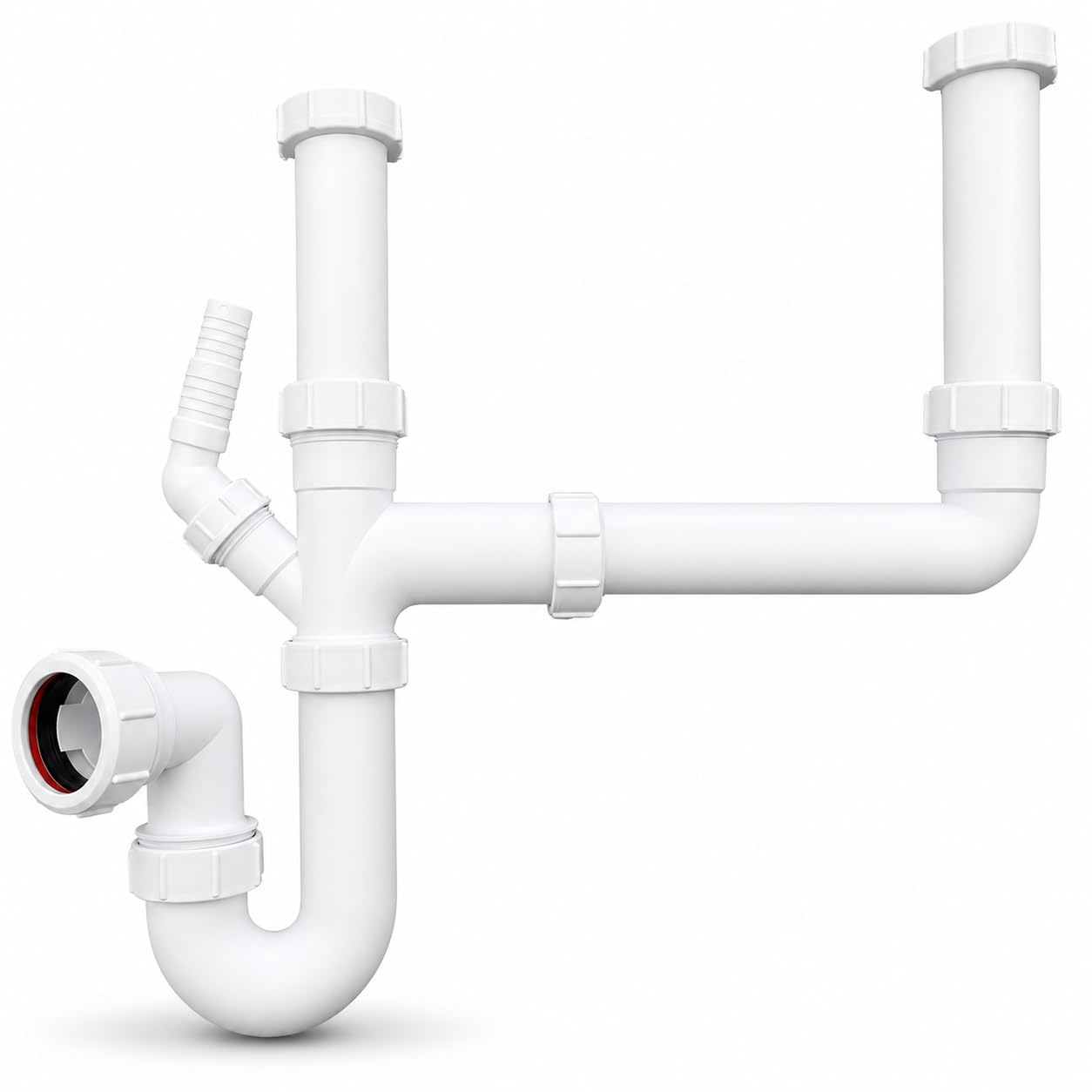 Plumbez White Double Bowl Sink Waste Kit And Half Bowl Trap Kit - Multi-Fit 1.1/2" 40Mm Double Bowl P Trap Kit With Washing Machine Waste Splitter, Sink Waste Kit Bs En 247-1:2002 75Mm Water Seal