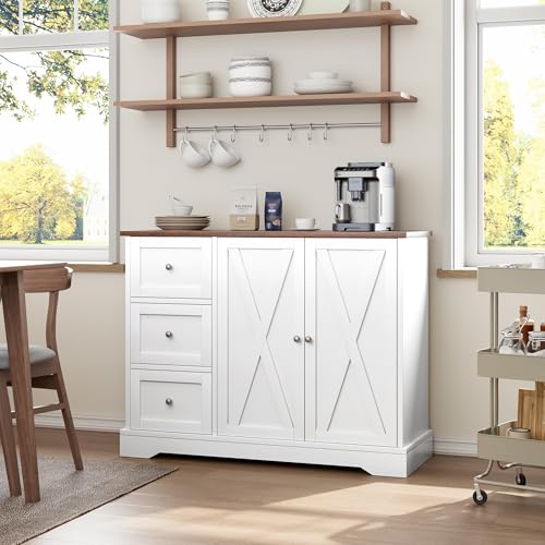 GarveeHome Buffet Cabinet with Storage, Farmhouse Kitchen Cabinet with 3 Drawers and 2 Doors for Kitchen, Dining Living Room, White