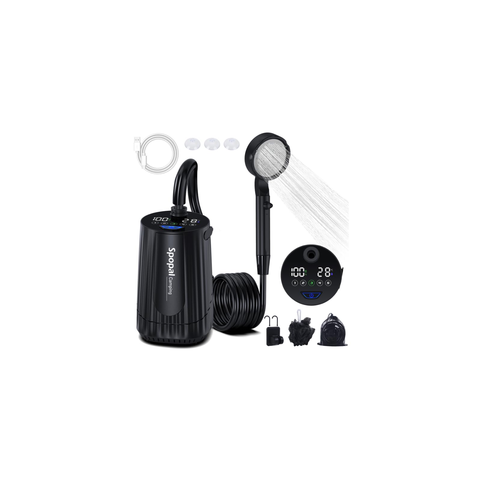 Spopal Douche Portable, Kit Douche de Camping,10000mAh,Douche Camping, Rechargeable, avec Afficheur Intelligent et 5 Vitesses Réglables pour Extérieure,Camping,Voyage,Animaux