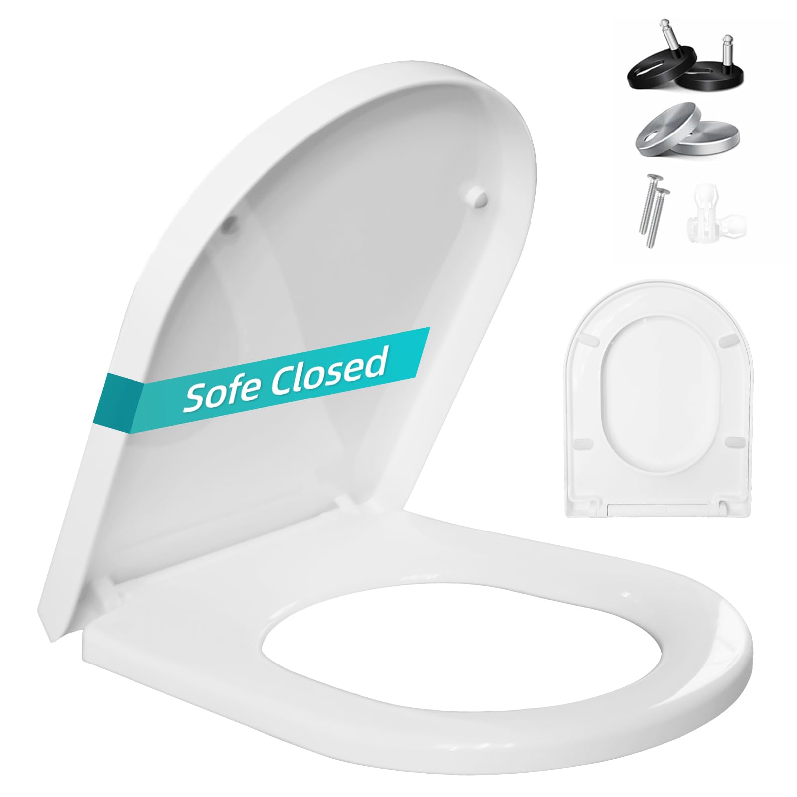 Shgjutop Toilet Seat Soft Close, D Shaped Soft Close Toilet Seat White with Adjustable Hinges, Universal Quick Release Toilet Seats Lid in Sturdy Anti-Bacterial Premium PP Material