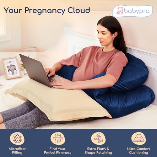 Image of BabyPro U-Shaped Pregnancy Pillow with Silky Cooling Velvet Cover, Blue | Full Body Pillow for Back Pain, Head, Belly, Hips & Knees, Soft Cushion