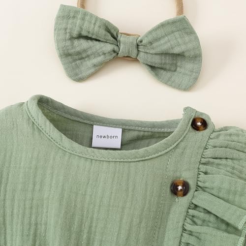 Newborn Baby Girls Smocked Romper Preemie Long Sleeve Going Home Outfit with Bow Headband4