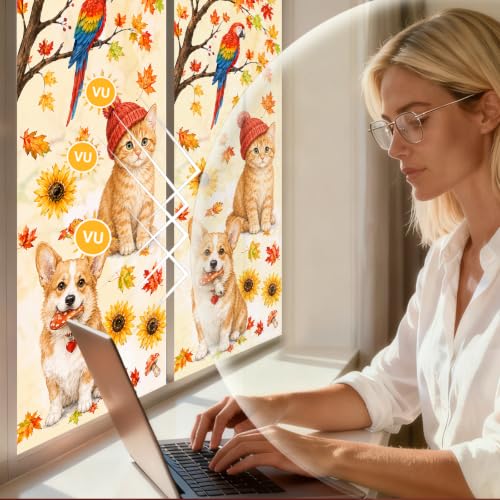 Image of Nuxovilar Fall Window Cling 17.7 x 39.4 in, White Frosted Corgi Cat | White frosted PVC helps obscure views for added privacy, with a corgi, kitten, parrot, sunflowers and colorful autumn leaves.