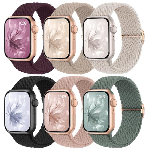 Image of 6 Pack Braided Stretchy Bands Compatible with Apple Watch Band 38mm 40mm 41mm 42mm 44mm 45mm 46mm 49mm Women Men, Adjustable Nylon Solo Loop Elastic Straps for iWatch Series 11 10 9 8 7 6 5 4 SE Ultra