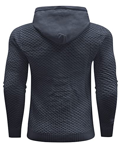 Hypestfit Men's 3D Fish Scale Form Fitting Muscle Knit Sweater Drawstring Hooded Sweatshirt Dark Gray #TOP2