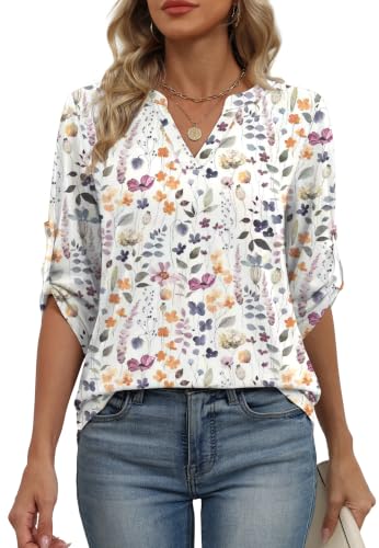 Image of XIEERDUO 3 /4 Length Sleeve Womens Tops V Neck T Shirts Both Side Buttons Blouses Business Casual Outfits Loose Fit